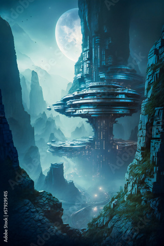Futuristic or ancient structures on an alien planet. Advanced alien technology. Created with Generative AI technology.