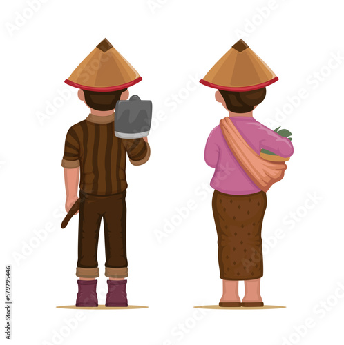 Asian Farmer Worker Couple from Back View Character Set Cartoon illustration vector