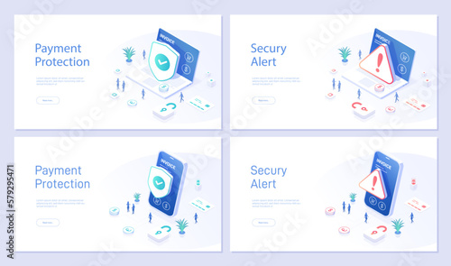 Set online payment landing page template. Successful and unsuccessful payment. Risk of fraud, refusal of financial transaction. Can be used for web banners. Isometric modern vector illustration.