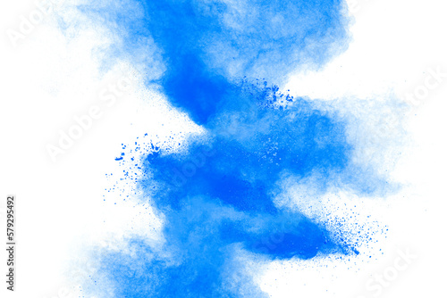 Splash of blue colored pigment powder. Blue powder particle splattered on white blackground.