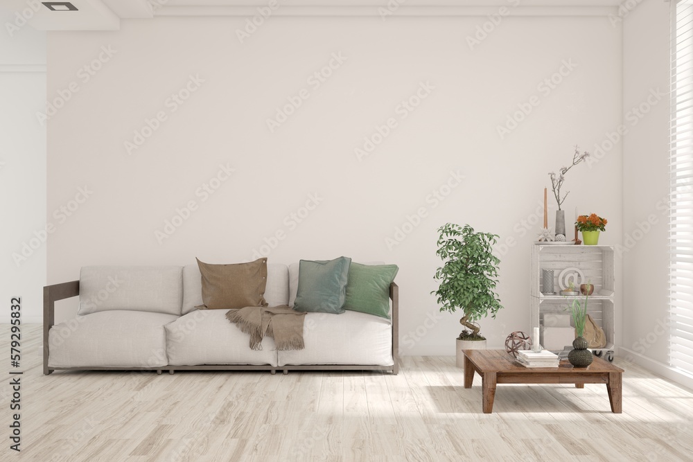 Fototapeta premium White scandinavian interior design with sofa. 3D illustration