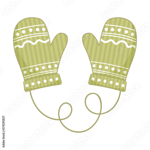 Christmas winter green mittens with embroidery. Can be used for cards, prints, gift wrap paper. Isolated vector and PNG illustration on transparent background.