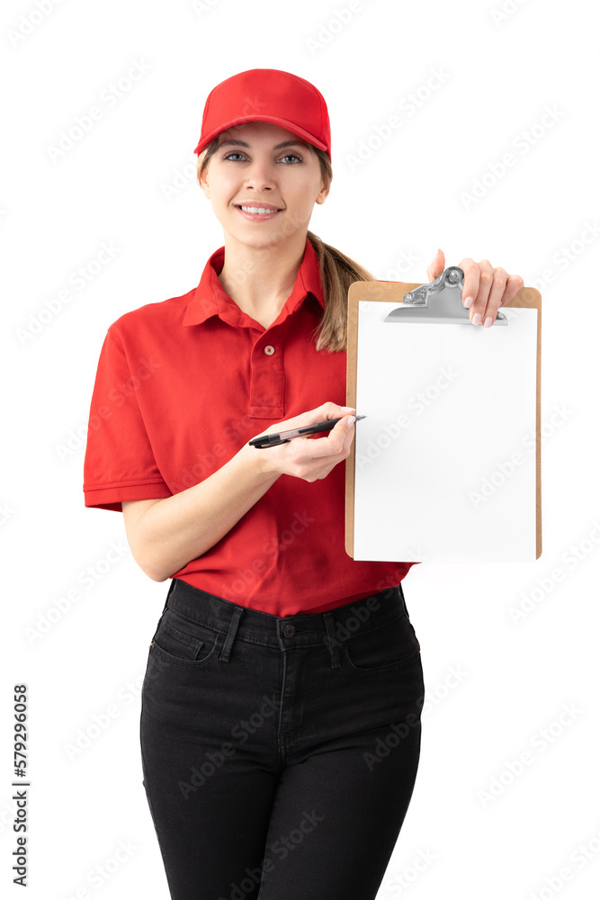 Young woman holding a clipboard with a white sheet to fill in and showing the place. smiling happily and positively, woman as parcel delivery woman isolated on white background wearing red outfit.
Young woman holding a clipboard with a white sheet to fill in and showing the place. smiling happily and positively, woman as parcel delivery woman isolated on white background wearing red outfit.