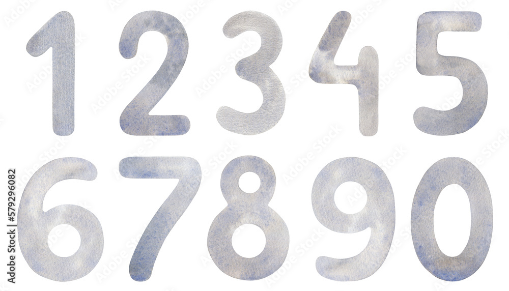 A set of gray numbers from 0 to 9. A watercolor illustration drawn by hands. Figures for the design of children's goods, cards and baby's education. A set of gray numbers from 0 to 9. A watercolor illustration drawn by hands. Figures for the design of children's goods, cards and baby's education.