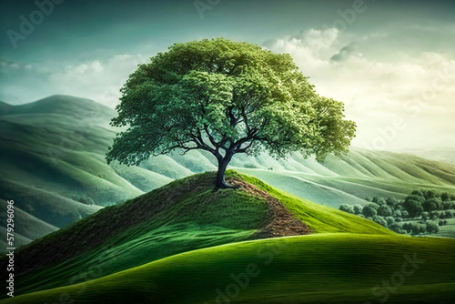 Majestic lone tree on the top of a green hill. Created with Generative AI technology.