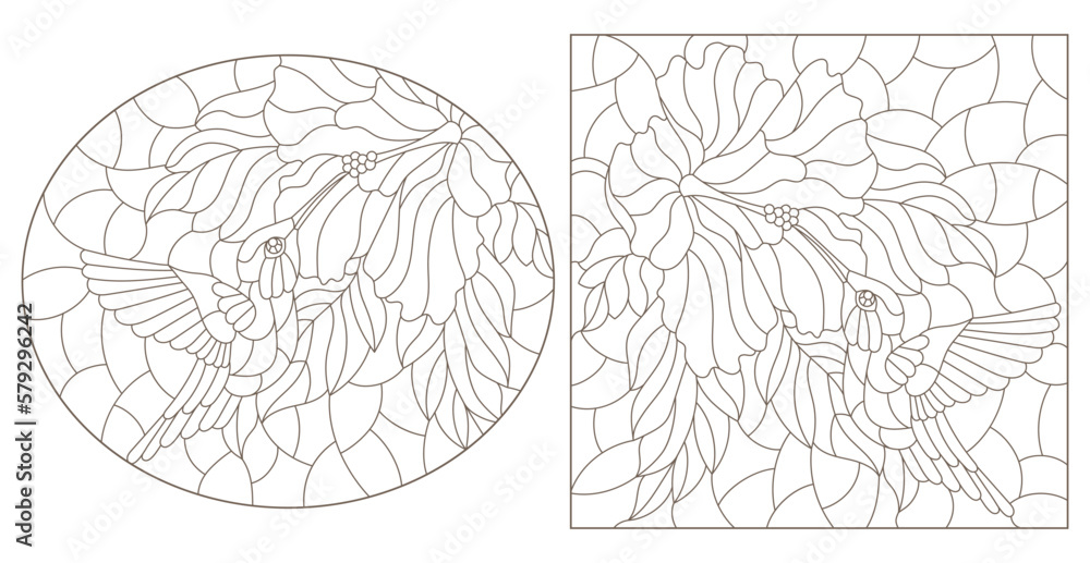 A set of contour illustrations in the style of stained glass with hummingbird birds and flowers, animals isolated on a white background