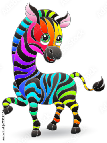 Stained glass illustrations with cartoon zebra, animal isolated on a white background
