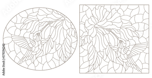 A set of contour illustrations in the style of stained glass with hummingbird birds and flowers, animals isolated on a white background