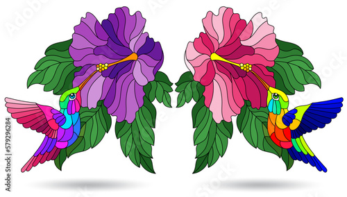 A set of stained glass illustrations with bright hummingbird birds and flowers, animals isolated on a white background