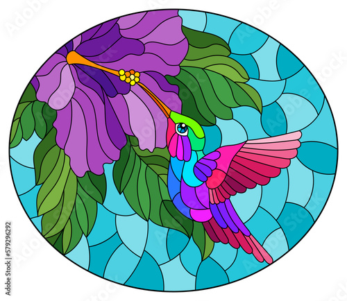 A stained glass illustration with a bright hummingbird bird and a hibiscus flower on a blue sky background, oval image