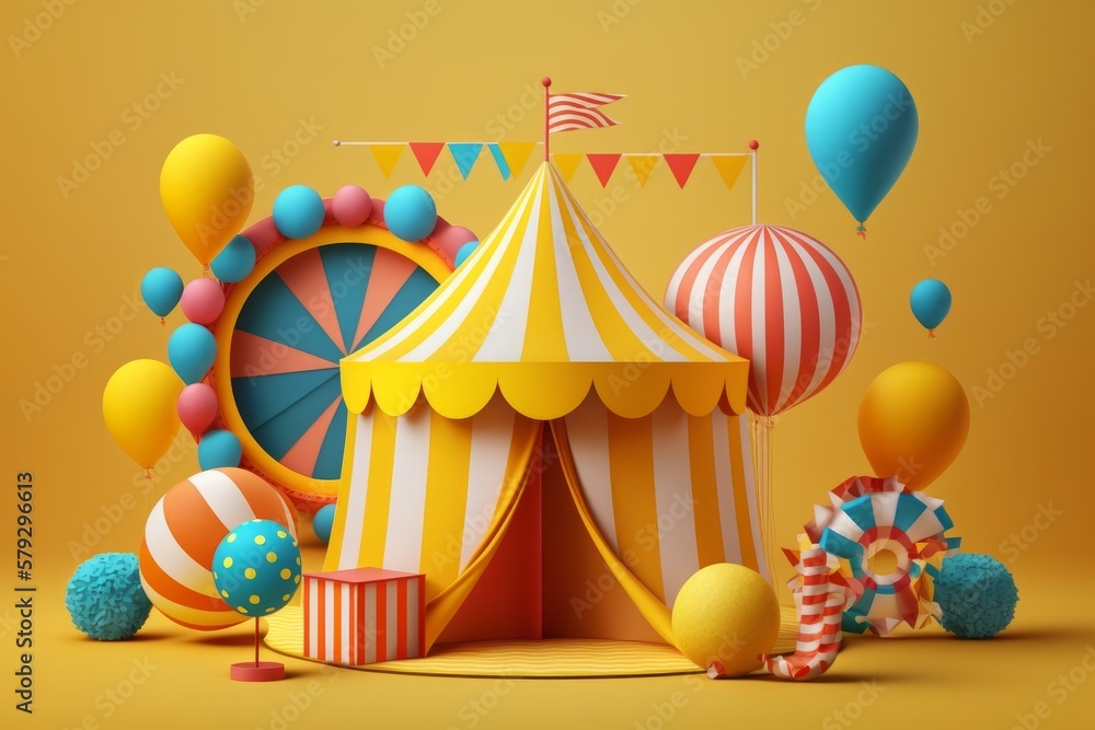 Circus tent with balloons and confetti. Generative AI