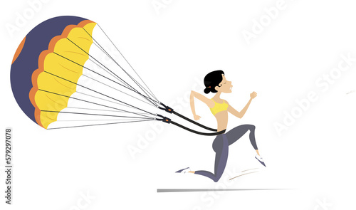 Hard training runner woman.  Cartoon running woman drags a parachute. Isolated on white background 