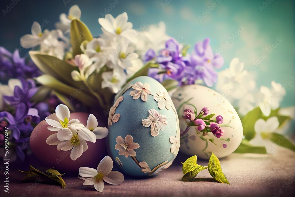 Fototapeta premium Easter background with copy space. Eggs, flowers, pastel colors illustration top view generative AI, generative, ai