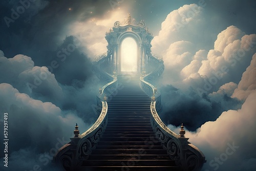 Ascension stairway in the clouds. Generative AI © 2rogan