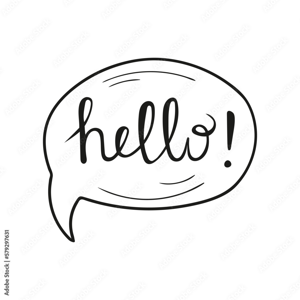 Vector comic speech bubble with hello phrase. black and white comic cartoon sound speech bubble. Doodle style.
Vector comic speech bubble with hello phrase. black and white comic cartoon sound speech bubble. Doodle style.