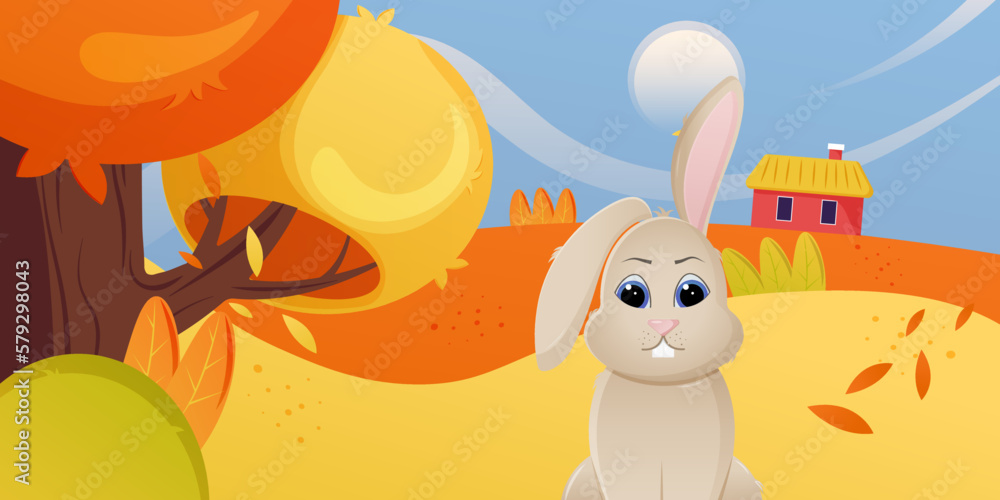Naklejka premium Brown rabbit in the fall. Rabbit in the forest. Autumn landscape. District Domia. Red house. Leaves. Early morning. Vector flat illustration
