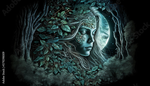 Face of a sleeping green nature godess blended into the forest illuminated by the moon photo