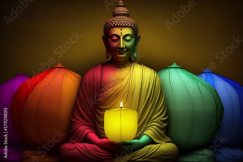 Vesak Day Creative Concept for Card or Banner. Vesak Day is a holy day for Buddhists. Happy Buddha Day with Siddhartha Gautama Statue. Ai generative. photo