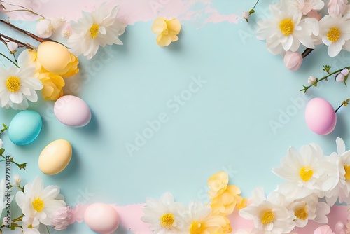 Easter background with copy space. Eggs  flowers  pastel colors illustration top view generative AI  generative  ai