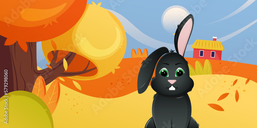 Black rabbit in the fall. Rabbit in the forest. Autumn landscape. District Domia. Red house. Leaves. Early morning. Vector flat illustration