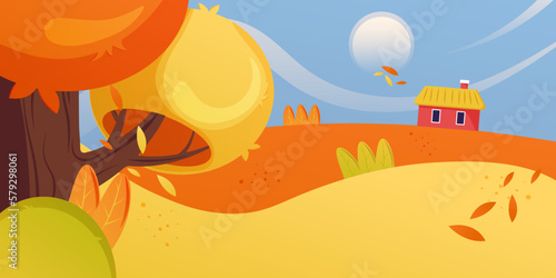 White rabbit in the fall. Rabbit in the forest. Autumn landscape. District Domia. Red house. Leaves. Early morning. Vector flat illustration