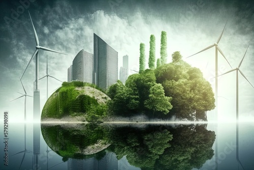 A green energy city concept against the climate change based in renewable energies with solar panels and wind turbines. Generative ai 