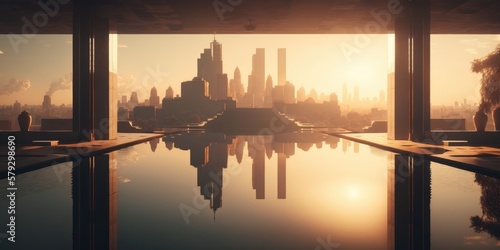 Relaxation at its Finest: City Skyline Sunset View from Infinity Pool. Generative ai illustrationv photo