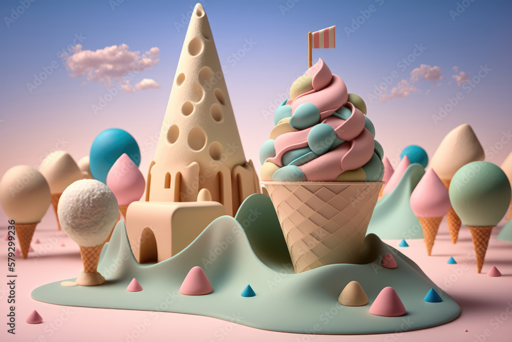 Ice cream. Fairy tale ice cream land. Fairy tale town and landscape