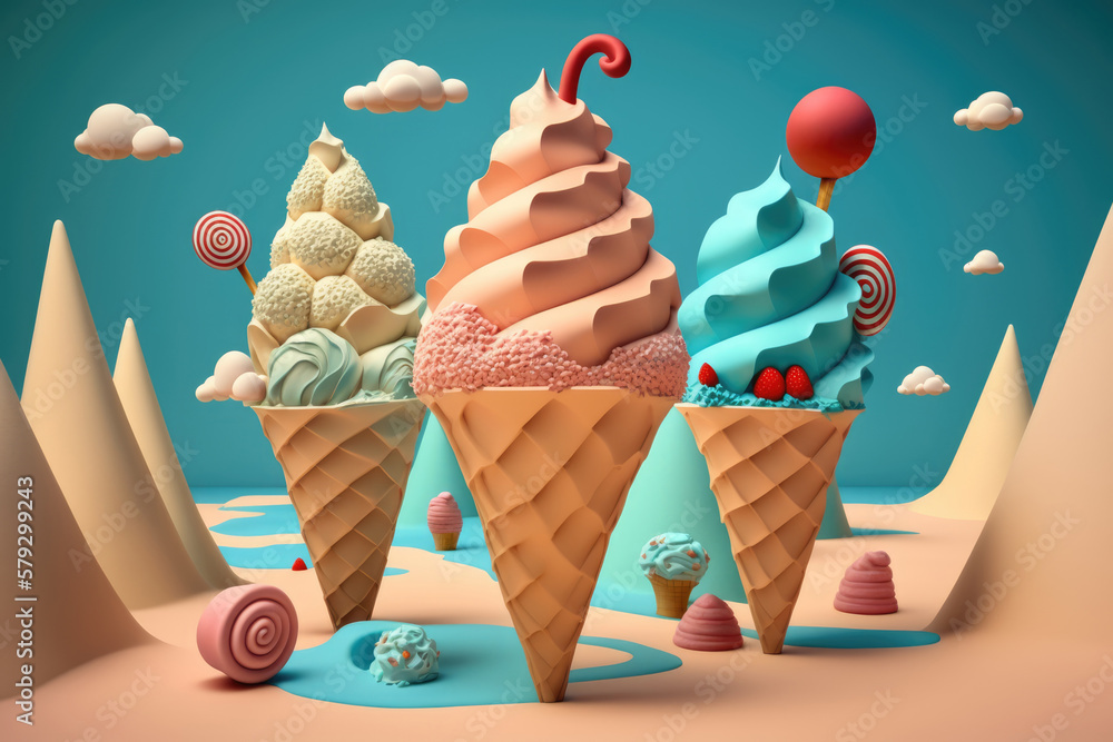 Ice cream. Ice cream land. Fairy tale landscape made in ice cream