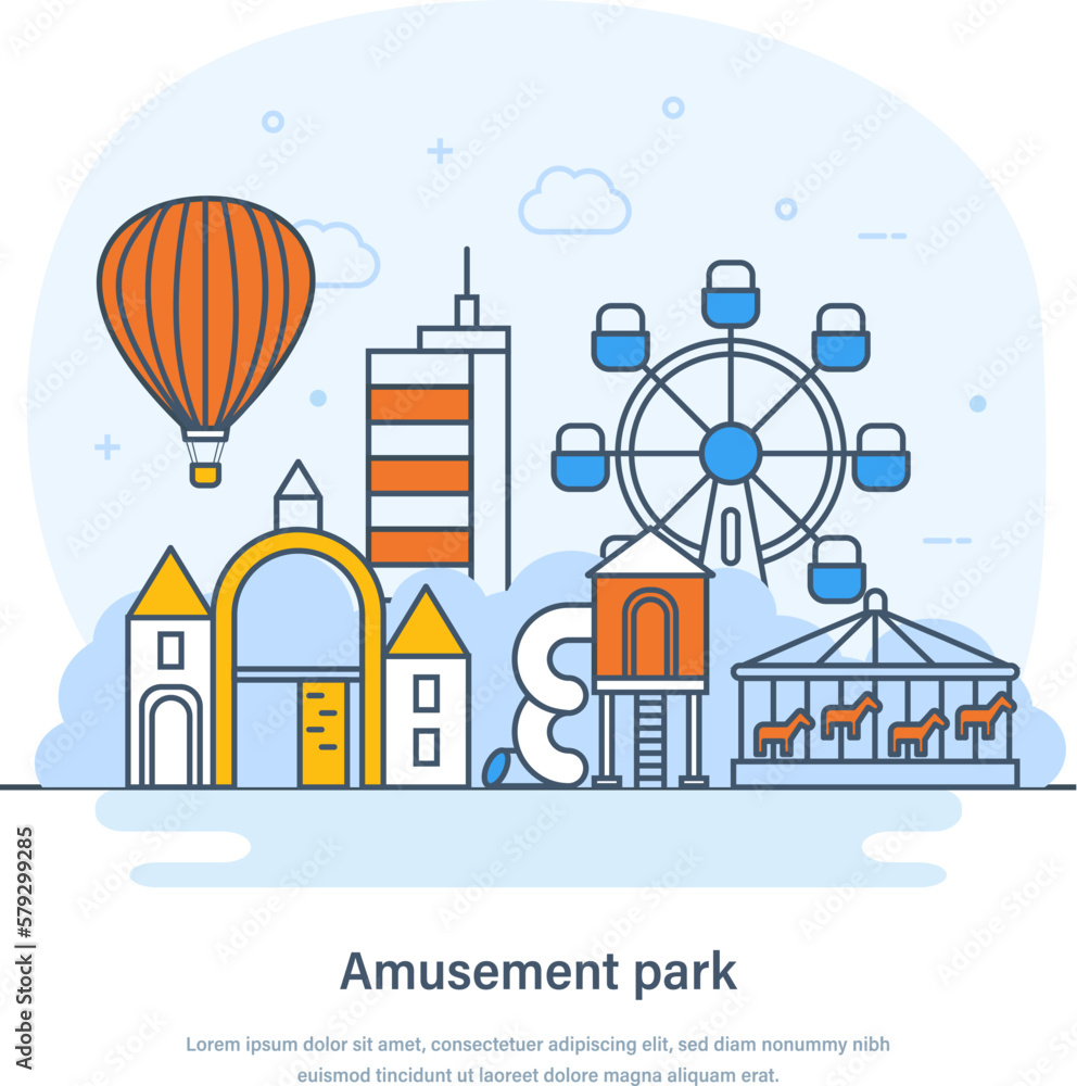 Amusement park, cityscape with entertainment attractions, carnival funfair. Festive park with ferris wheel, carousels, castle, hot air balloon in sky landing page thin line design of vector doodles