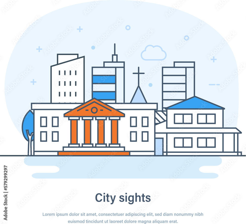 City travel sights, cityscape with famous symbols, landmarks. Cultural national symbols, tourist architectural attractions. Travel, journey and tourism concept thin line design of vector doodles
