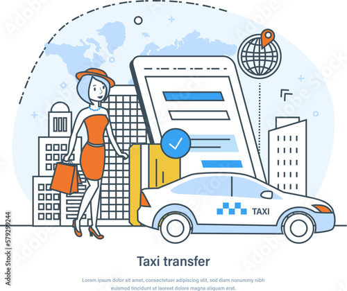 Transfer and taxi service for delivering people to destination. Public taxi hire, order service application, urban and intercity transportation service concept thin line design of vector doodles