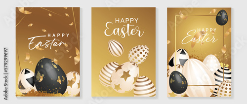 Happy Easter luxury element cover vector set. Elegant 3D shiny striped pattern gold and black easter eggs with ribbon and foil texture. Adorable glamorous design for decorative, card, kids, poster.