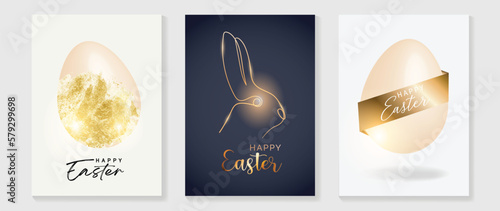 Happy Easter luxury element cover vector set. Elegant 3D shiny easter eggs with foil brush paint texture and glow rabbit shape line art. Adorable glamorous design for decorative, card, kids, poster.