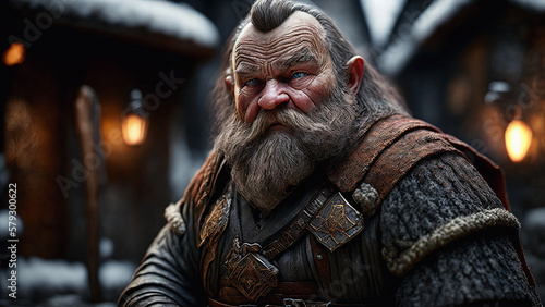 Wallpaper Mural closeup of photo-realistic dwarf old man with beard and green eyes face with old detailed skin in the village at dusk with some warm light from the wooden log, generative AI Torontodigital.ca