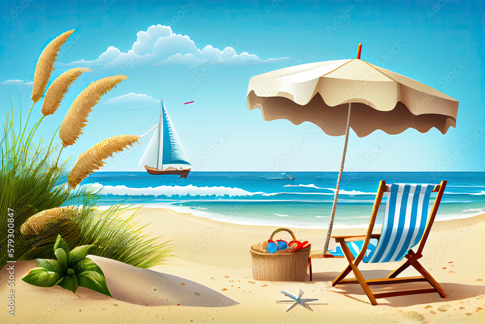 Summer scene background with beach vacation holiday theme with pink wave layer and copy space