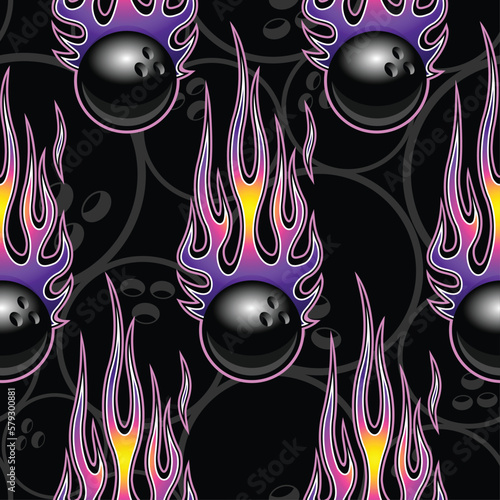 Bowling balls in burning fire flame seamless pattern vector art image. bowling balls repeating tile sports background wallpaper texture.