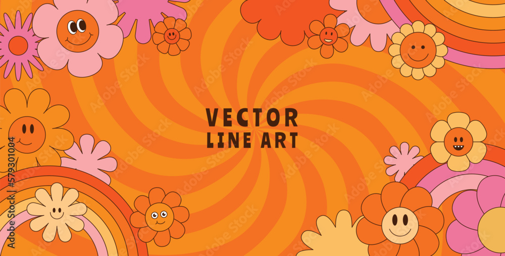 Vector horizontal banner with copy space for text - design elements and shapes for abstract backgrounds and modern art - hippie groovy vibes with flowers and waves