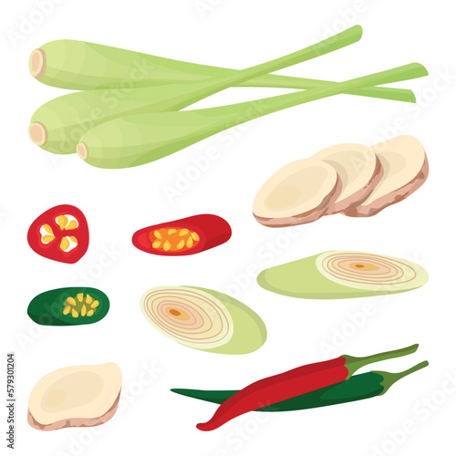 Spices lemongrass, chili, galangal in cartoon style. Ingredients for Asian cuisine.