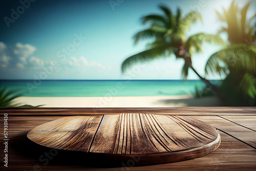 Tropical summer beach with sun light abstract background and wood table for montage with copy space