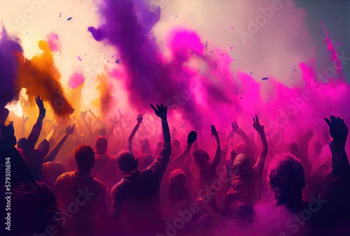 Hindu people with colorful starch powder in Holi festival or festival of colors. Generative AI