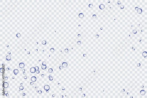 Blue air bubbles, oxygen, champagne crystal clear, isolated on a transparent background of modern design. Vector illustration of EPS 10.