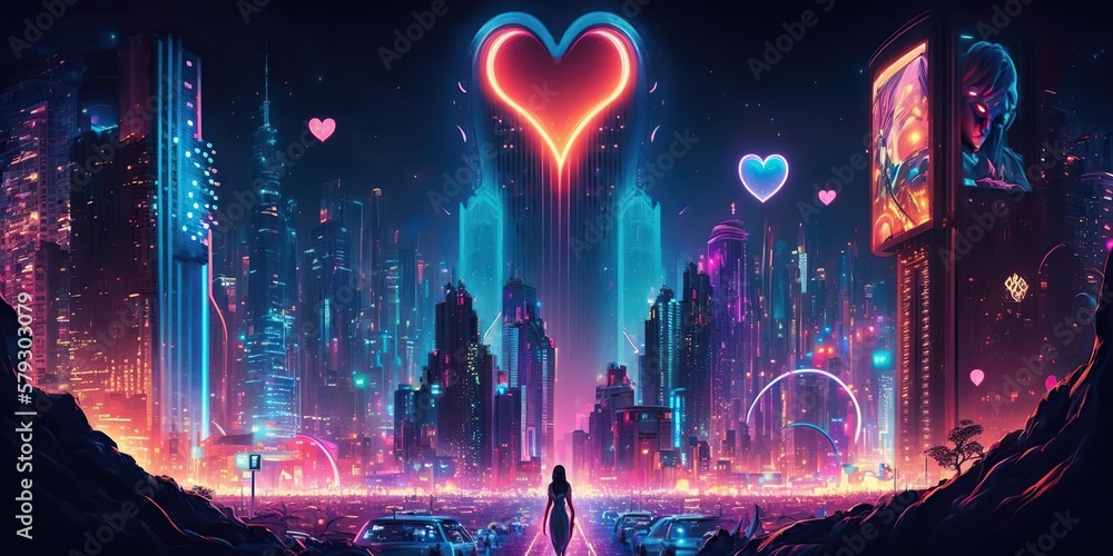 Heart of city towering skyscrapers reflected in river of vibrant neon lights creating a futuristic landscape that felt both surreal and awe inspiring, created with Generative AI technology Heart of city towering skyscrapers reflected in river of vibrant neon lights creating a futuristic landscape that felt both surreal and awe inspiring, created with Generative AI technology