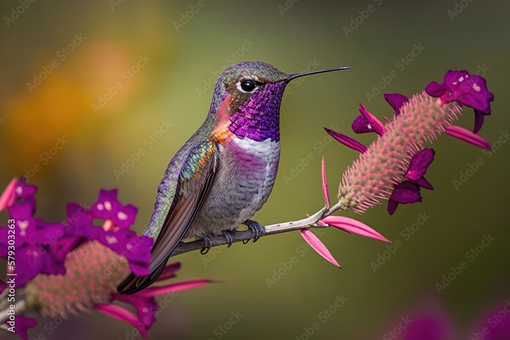 Fototapeta premium This little hummingbird, known as the Costa's hummingbird, can be found in the deserts of the southwestern United States, western Mexico, and the Mexican state of Baja. Generative AI
