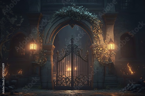 Tableau sur toile The gates of a medieval castle at night, an external entrance with an arched door and burning torches