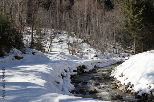 Snow covered trough of a stream. A sunny day. Winter nature.