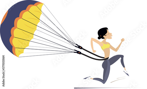 Hard training runner woman. 
Cartoon running woman drags a parachute. Isolated on white background
