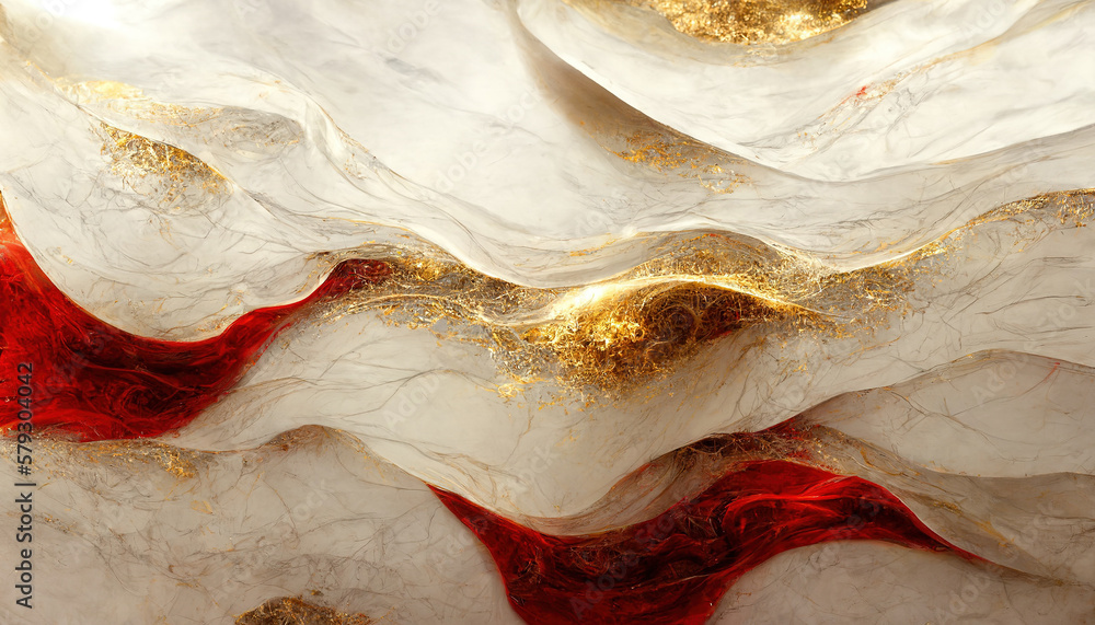 Abstract 4k wallpaper. Marbling texture with red and gold. AI Stock