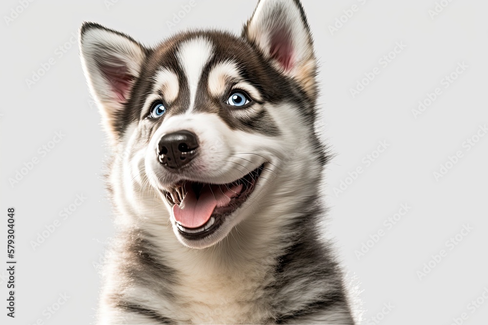 Puppy husky grins and flashes an open mouthed wink. stand up against a white background. Generative AI