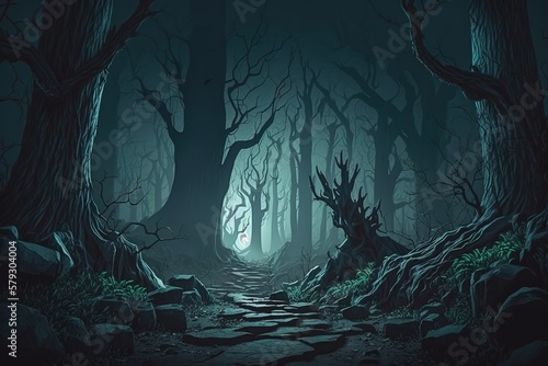 Night forest landscape with trees and road, fireflies and mushrooms glowing in the dark.Generative AI